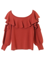 【ニット】フリルネックオープンショルダーニット/ブラウン系