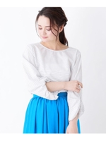 【大きいサイズあり・13号・15号】袖ひねりローンブラウス/ブルー×ボーダー(392)