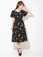 ウエストシャーリングフラワーロングワンピース/ブラック