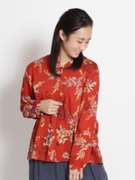 コットンローンシルエットフラワープリントフレアブラウス/レッド