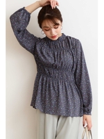 シャーリングフラワーチュニックブラウス/ブルーベースフラワー1(111)