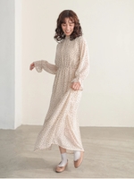 ドットハイネックワンピース/ベージュ