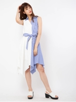 ブロッキングノースリーブシャツワンピース/ブルー