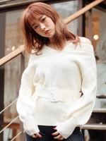 ベルト付VカットワッフルニットTOPS/ホワイト