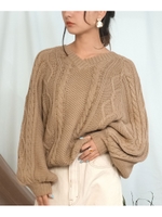 ボリュームスリーブ2WAYケーブル編みニット/ベージュ