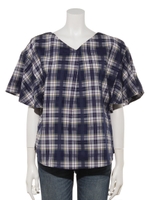 マリンコラーゲンチェックブラウス/チェック ネイビー