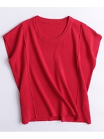 ミラノリブフレンチスリーブドルマン半袖ニットトップス/レッド