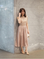 モチーフレース付スタンドネックドレス/モカ