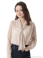 ラメストライプドット柄ボウタイブラウス/ベージュ