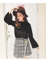 ワイド袖ボートネックベロア生地トップス/ブラック