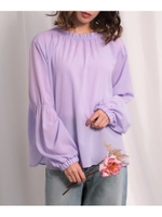 襟シャーリング袖切替シフォンチュニック/パープル