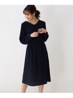 袖ボタンウエストギャザ−ワンピース/ネイビー(093)