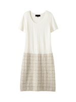 [L]異素材切り替え丸首半袖ワンピース