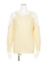 【Agneau7】フラワーレース切替えニット/ブルー