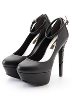 【R&E】美脚ストーンハイヒールストラップ付パンプス/ブラック