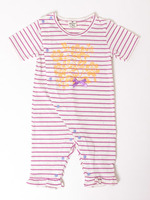 お花と刺繍ライクなボーダー前開きロンパース/レッド