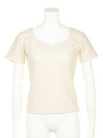 ハートネックジャガードドットTシャツ/ベージュ