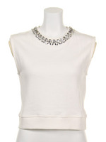 ビジューネック ノースリーブ裏毛/杢グレー