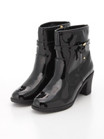 ベルトデザインヒールレインブーツ/ブラックエナメル