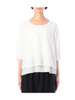 リボン使いフラワーレース七分袖カットソー/オフホワイト(003)