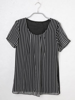 異素材切り替えベーシックチュニック/ネイビー×オフ