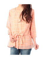 グラフチェックリボンギャザーブラウス/ライトオレンジ(266)