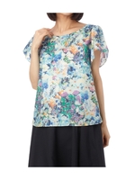 水彩風フラワープリントブラウス/サックス(190)