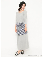 ウエストチェックシャツ巻きスエットロングワンピース/ブラック×ブラックチェック