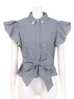 フロントリボンフレアスリーブ柄ブラウス/ブルー(柄)