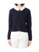 襟切り替えケーブル編みジップカーディガン/ネイビー系(093)