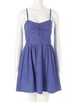 【ECURY】ストライプバック編み上げワンピース/ブルー