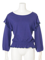 【mystic】ボーダー肩フリルプルオーバー/ブル-