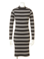 カットリブボーダータイトボトルネックワンピース/ブラック