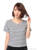 ネック付シンプルボーダーＴシャツ/シロ×ネイビー