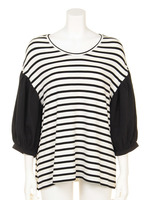 【Omekashi】袖ギャザーボーダープルオーバー/ブラック