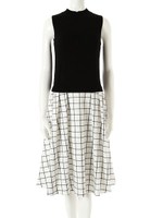 【CEDNIE】格子柄ドッキングフレアワンピース/ブラック