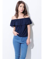 スラブカットフリルオフショルTOP/NAVY