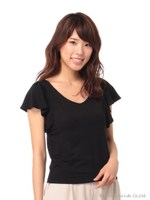 袖フリル後ろVネックTシャツ/グレー