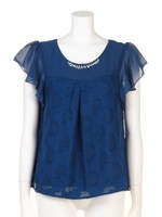 メッシュオパールビジューブラウス/ブルー