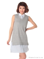ニットチュニックベストシャツワンピセット/グレー