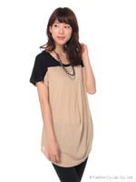 ネックレス付バイカラードレープチュニック/クロ