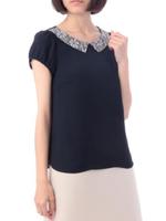 レース襟パフスリーブブラウス/ネイビー(093)