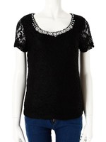 ビジューフラワーレーストップス/ブラック