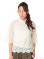 ハイネックレースブラウス/シロ