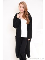 畦ニットフード付ロングカーデ/ブラック