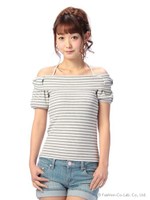 【Tralala】サイドリボンボーダーオフショル/ライトグレー