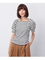 リボンつきボーダーパフスリーブカットソー/ネイビー(393)