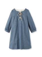 レースアップデニム七分袖サックワンピース/ブルー(092)