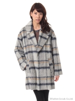 ロングシャギーウールチェックビックカラーコート/ネイビー