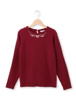 襟ビジューニットプルオーバー/ワインレッド(063)